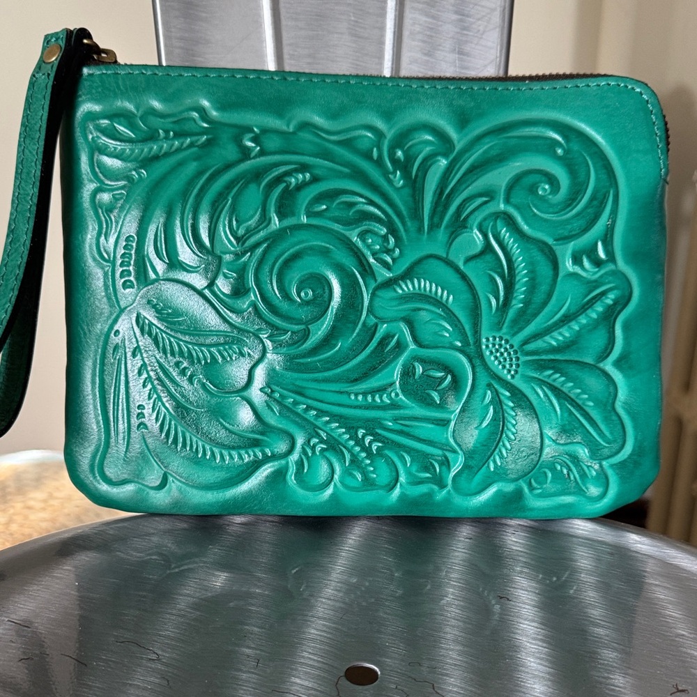 Patricia Nash Teal Embossed Leather Wristlet